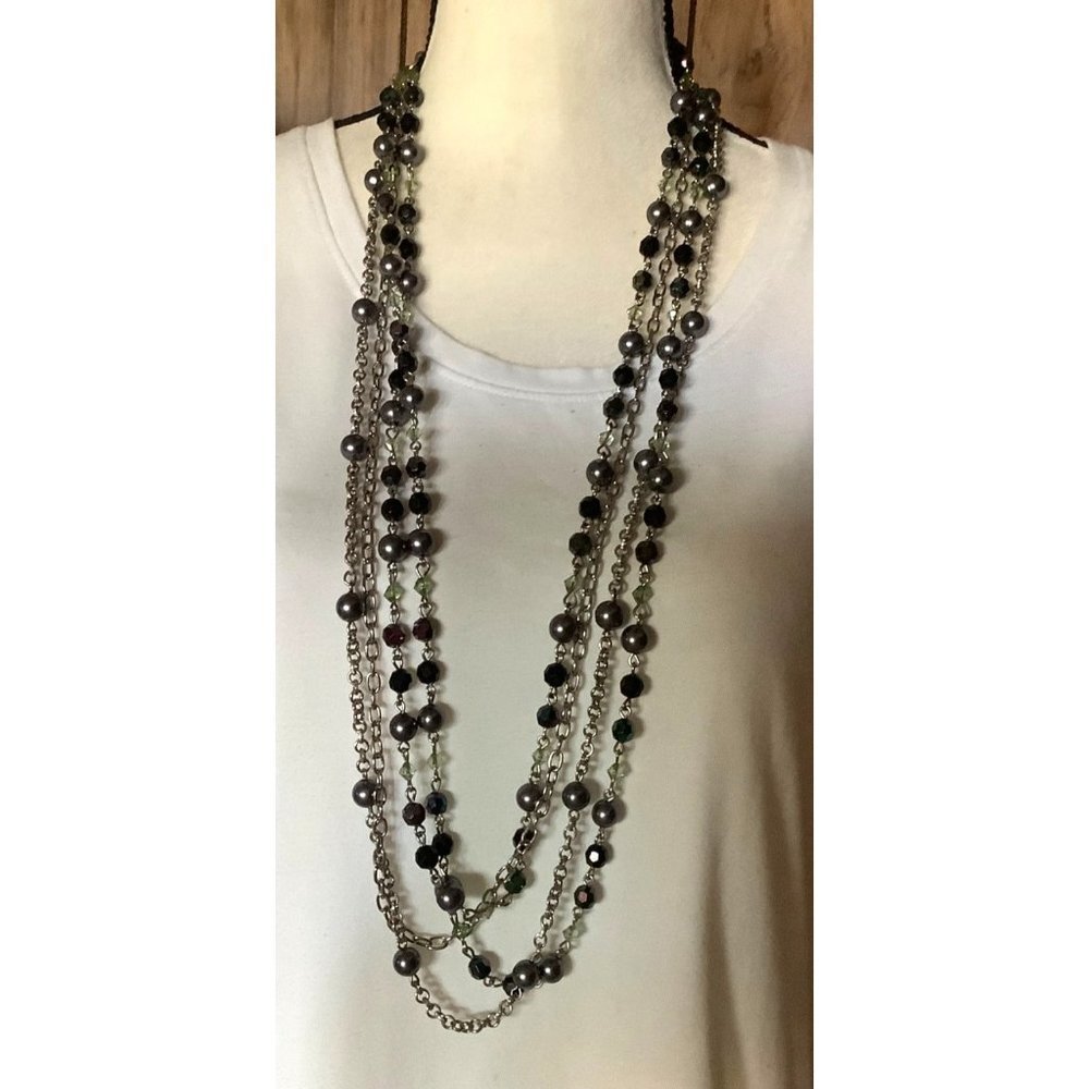 Grey Pearl & Green Crystal Multi-Strand Women's Statement Necklace -- 34"